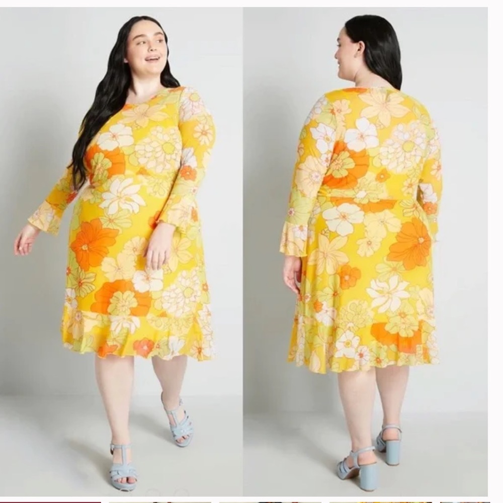 Modcloth Tropicana Isle Mesh Midi Dress Yellow Orange XL
